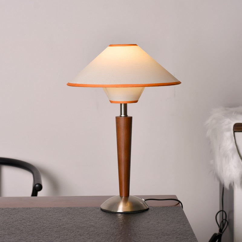 Lampada da Tavolo Contemporanea a Forma di Disco Volante Scandinavo in Legno Bianco con Tessuto e Hardware, 1 Luce per Camera da Letto