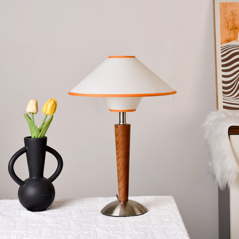 Lampada da Tavolo Contemporanea a Forma di Disco Volante Scandinavo in Legno Bianco con Tessuto e Hardware, 1 Luce per Camera da Letto