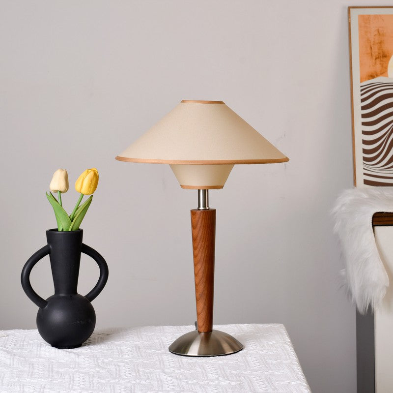 Lampada da Tavolo Contemporanea a Forma di Disco Volante Scandinavo in Legno Bianco con Tessuto e Hardware, 1 Luce per Camera da Letto