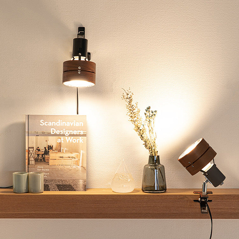 Lampada da Tavolo Tradizionale Giapponese a Clip Rotonda in Legno Ferro Acrilico con 1 Luce per Camera da Letto