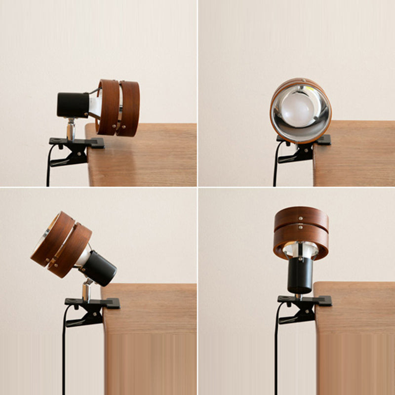 Lampada da Tavolo Tradizionale Giapponese a Clip Rotonda in Legno Ferro Acrilico con 1 Luce per Camera da Letto