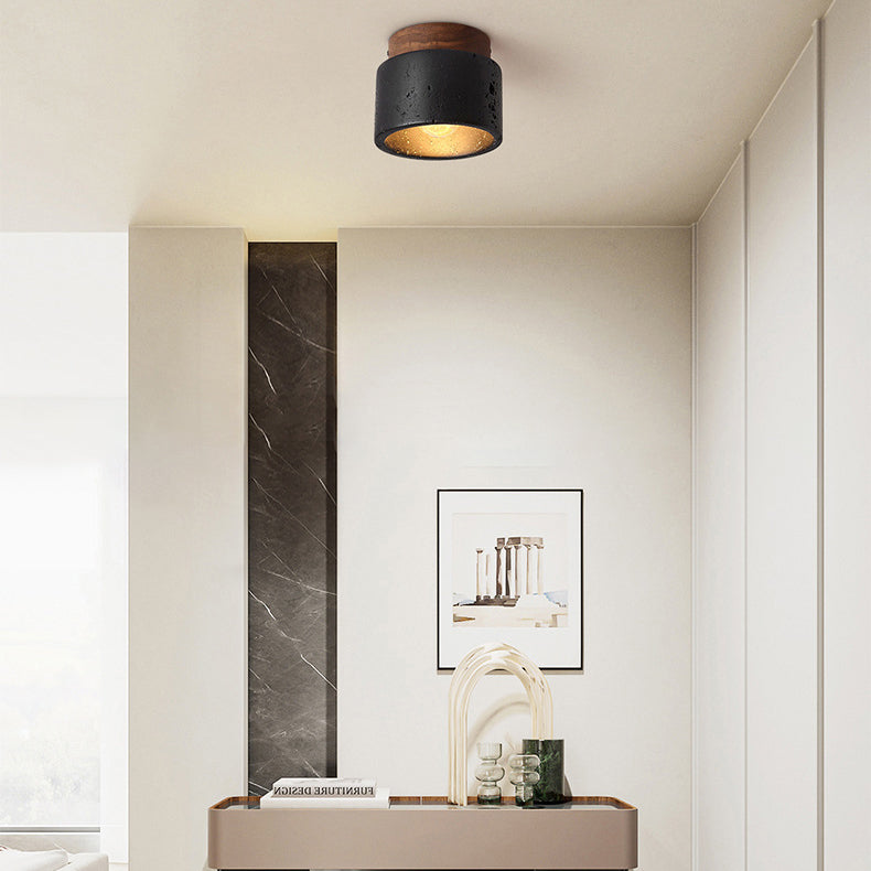 Tradizionale Giapponese Cilindrico In Legno Nero Travertino 1-Luce Semi-Montato Soffitto Per Corridoio