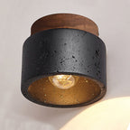 Tradizionale Giapponese Cilindrico In Legno Nero Travertino 1-Luce Semi-Montato Soffitto Per Corridoio