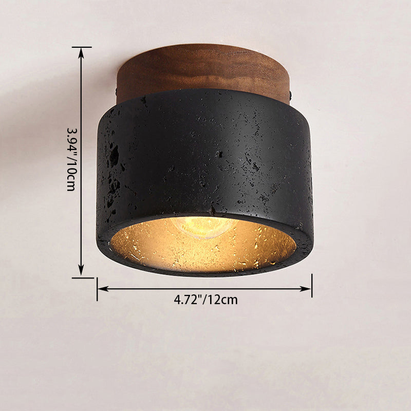Tradizionale Giapponese Cilindrico In Legno Nero Travertino 1-Luce Semi-Montato Soffitto Per Corridoio
