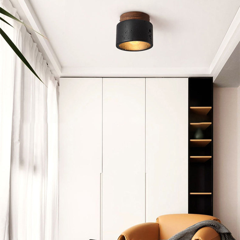 Tradizionale Giapponese Cilindrico In Legno Nero Travertino 1-Luce Semi-Montato Soffitto Per Corridoio