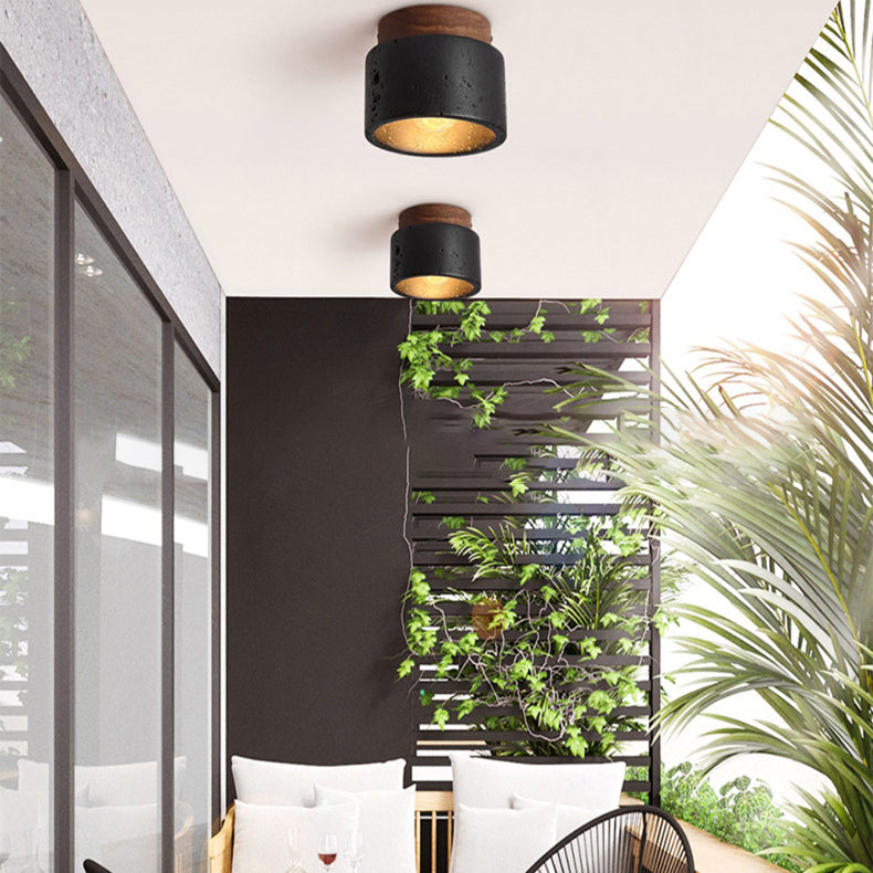 Tradizionale Giapponese Cilindrico In Legno Nero Travertino 1-Luce Semi-Montato Soffitto Per Corridoio