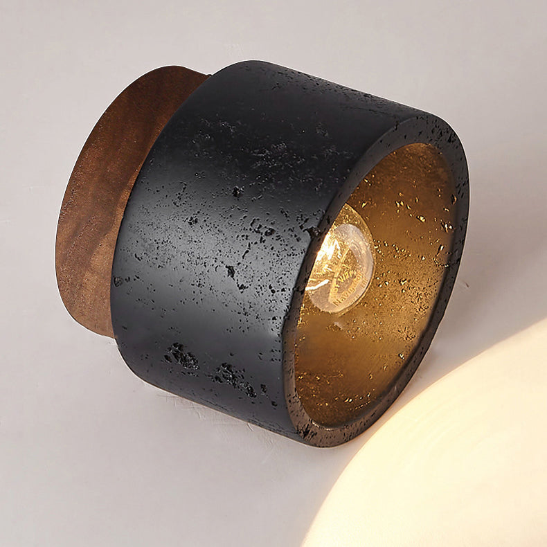 Tradizionale Giapponese Cilindrico In Legno Nero Travertino 1-Luce Semi-Montato Soffitto Per Corridoio