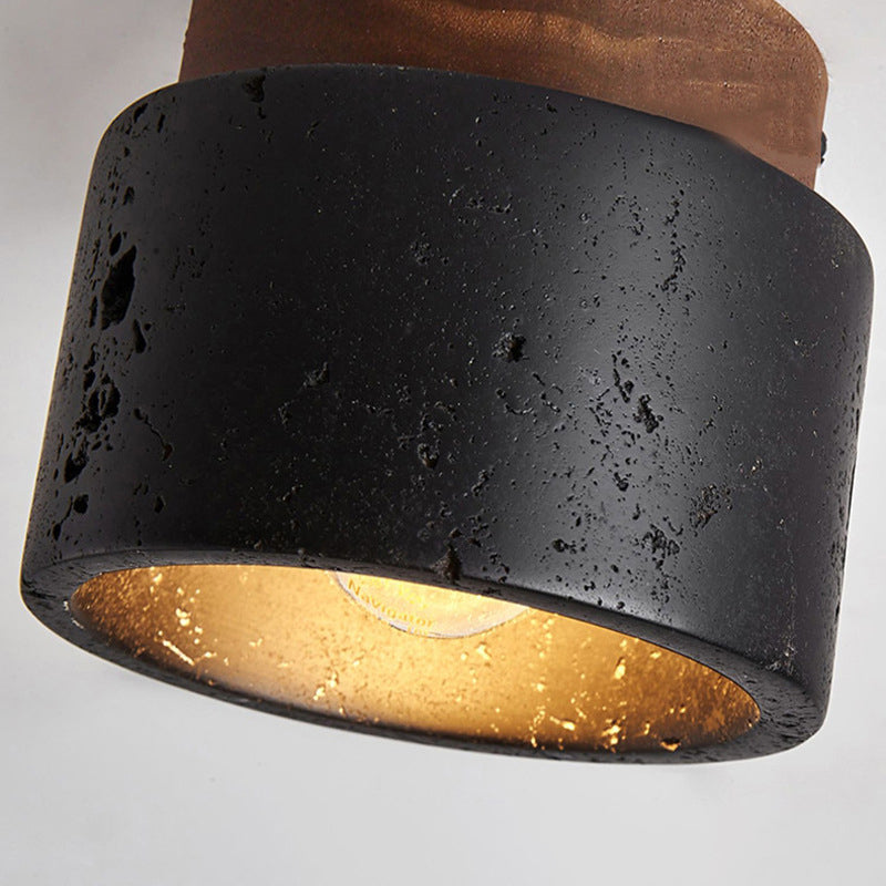 Tradizionale Giapponese Cilindrico In Legno Nero Travertino 1-Luce Semi-Montato Soffitto Per Corridoio