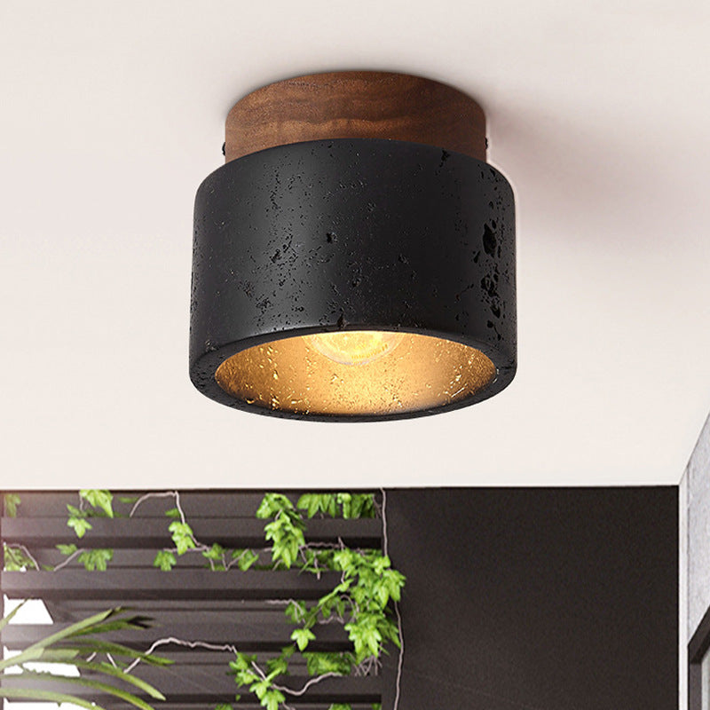 Tradizionale Giapponese Cilindrico In Legno Nero Travertino 1-Luce Semi-Montato Soffitto Per Corridoio