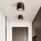Tradizionale Giapponese Cilindrico In Legno Nero Travertino 1-Luce Semi-Montato Soffitto Per Corridoio