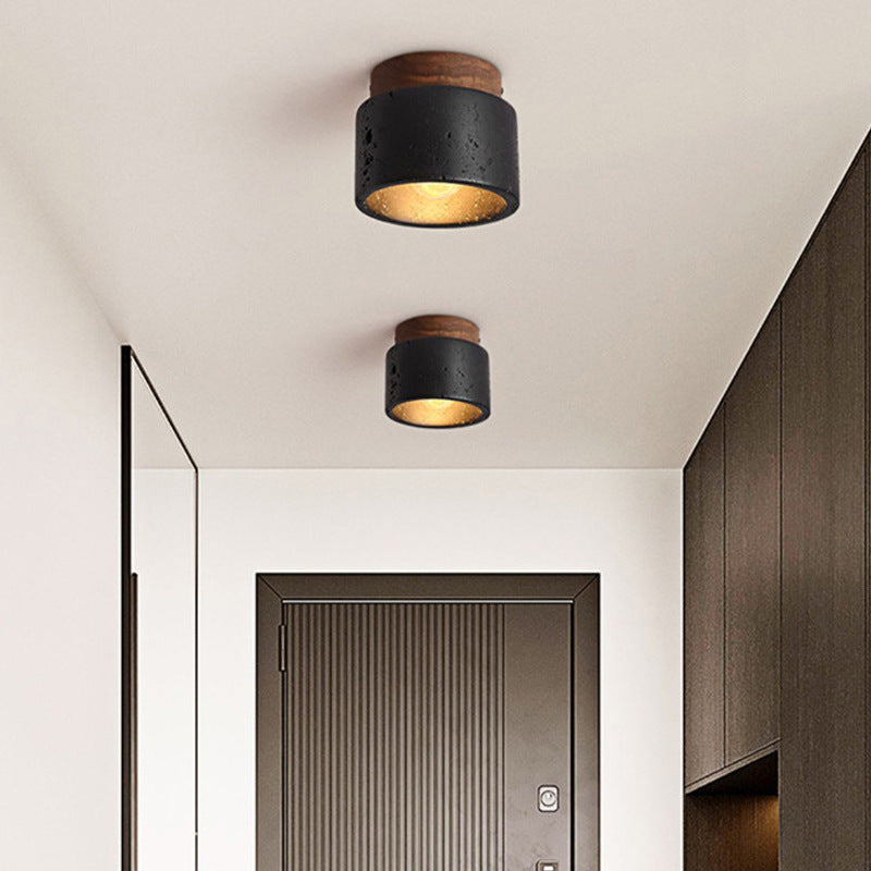 Tradizionale Giapponese Cilindrico In Legno Nero Travertino 1-Luce Semi-Montato Soffitto Per Corridoio