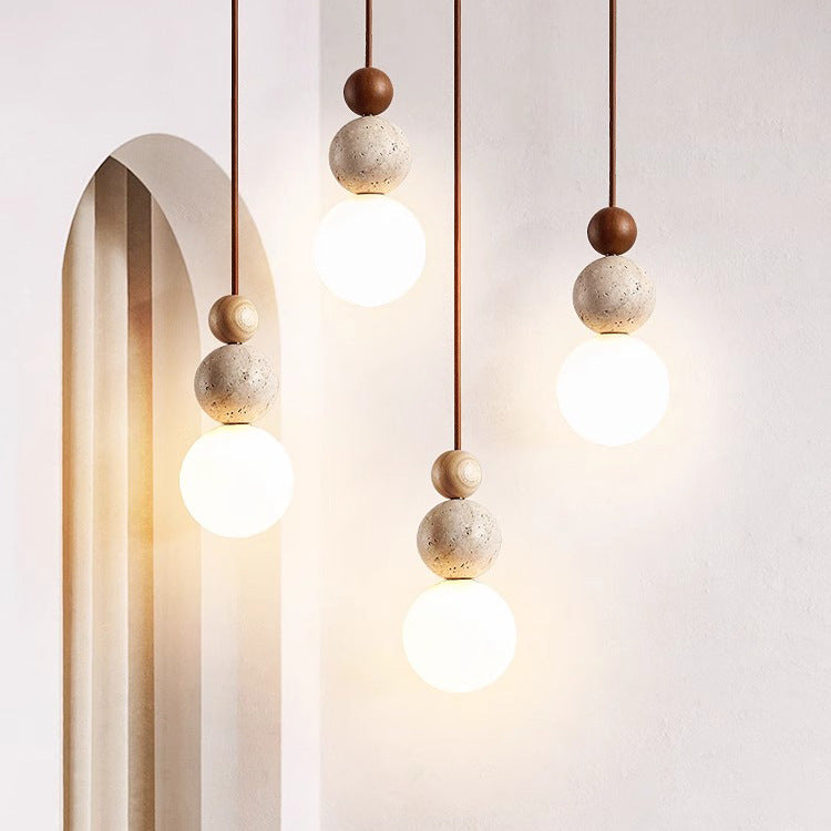 Tradizionale Giapponese Multi Orb Legno Massello Travertino 1-Luce Sospensione per Soggiorno