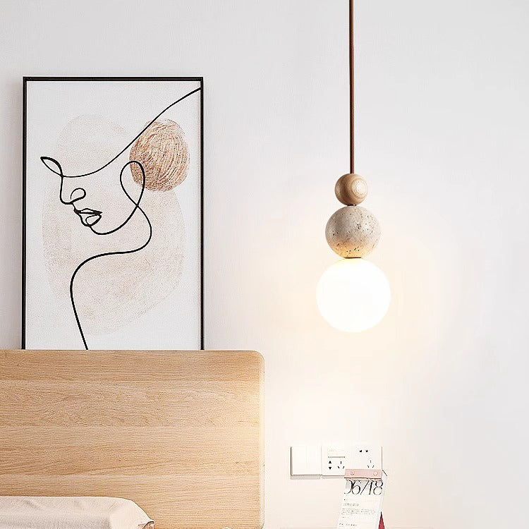 Tradizionale Giapponese Multi Orb Legno Massello Travertino 1-Luce Sospensione per Soggiorno