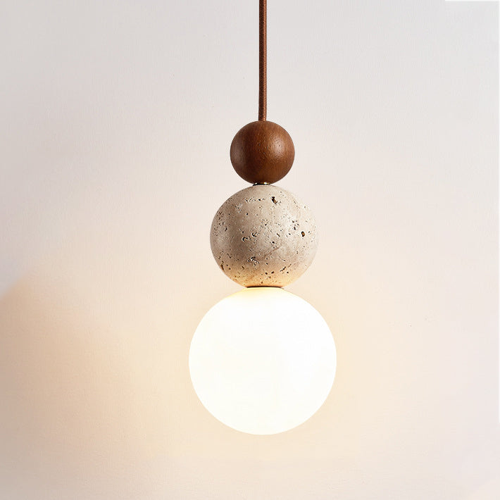 Tradizionale Giapponese Multi Orb Legno Massello Travertino 1-Luce Sospensione per Soggiorno