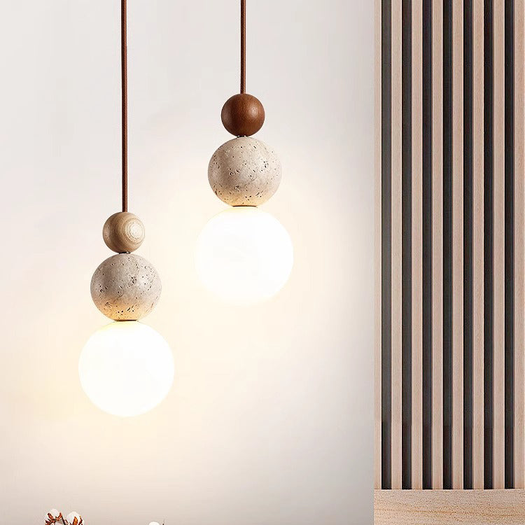 Tradizionale Giapponese Multi Orb Legno Massello Travertino 1-Luce Sospensione per Soggiorno