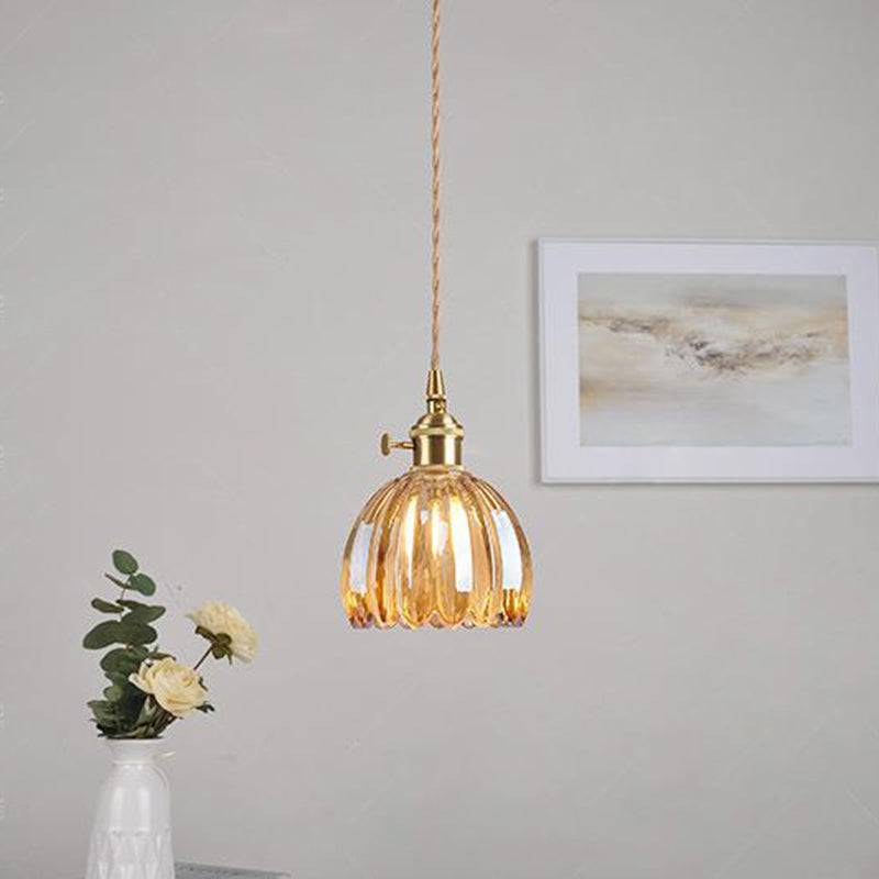 Sospensione in Vetro Fiori Rotonda Nordica Contemporanea in Ferro Ottone con 1 Luce per Soggiorno