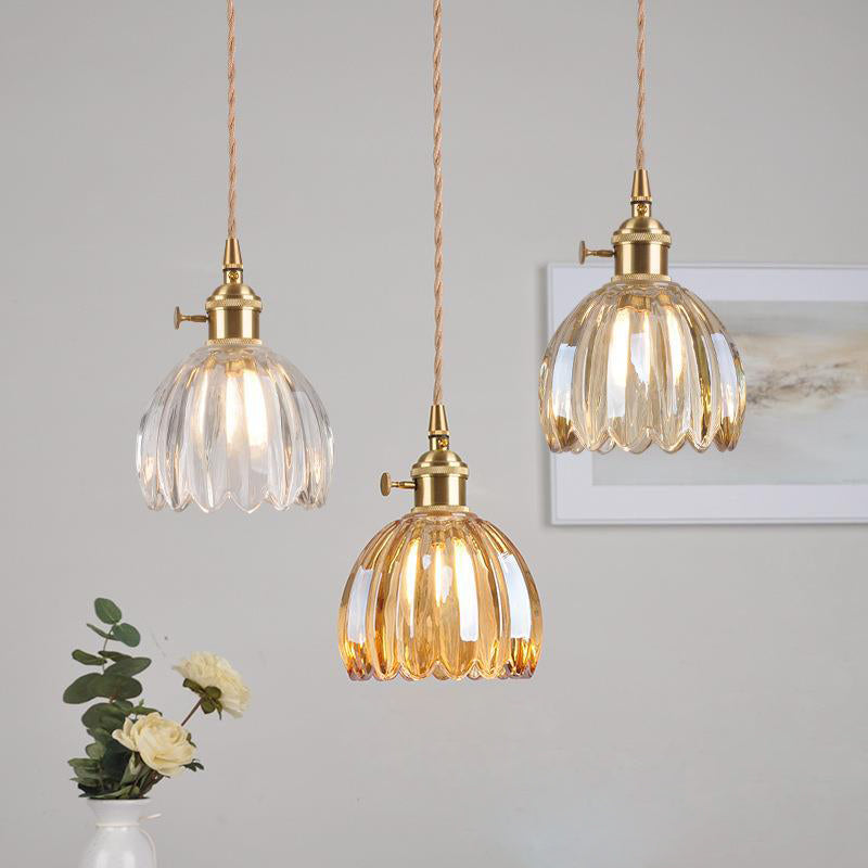 Sospensione in Vetro Fiori Rotonda Nordica Contemporanea in Ferro Ottone con 1 Luce per Soggiorno