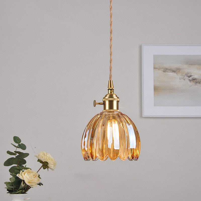 Sospensione in Vetro Fiori Rotonda Nordica Contemporanea in Ferro Ottone con 1 Luce per Soggiorno