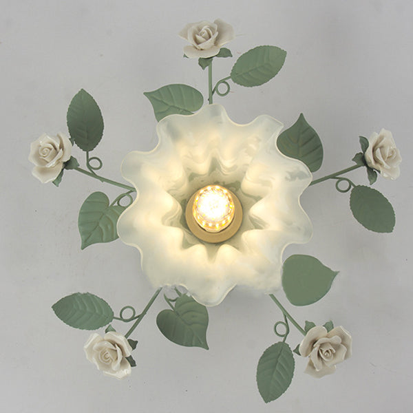 Lampada da soffitto semi-incassata a 1 luce con paralume in vetro ceramico a foglia di campanula francese tradizionale per soggiorno