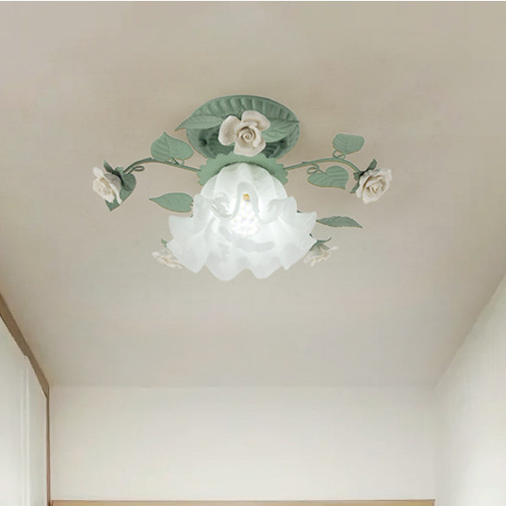 Lampada da soffitto semi-incassata a 1 luce con paralume in vetro ceramico a foglia di campanula francese tradizionale per soggiorno