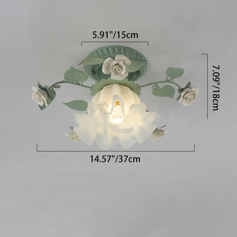Lampada da soffitto semi-incassata a 1 luce con paralume in vetro ceramico a foglia di campanula francese tradizionale per soggiorno