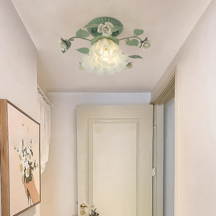 Lampada da soffitto semi-incassata a 1 luce con paralume in vetro ceramico a foglia di campanula francese tradizionale per soggiorno