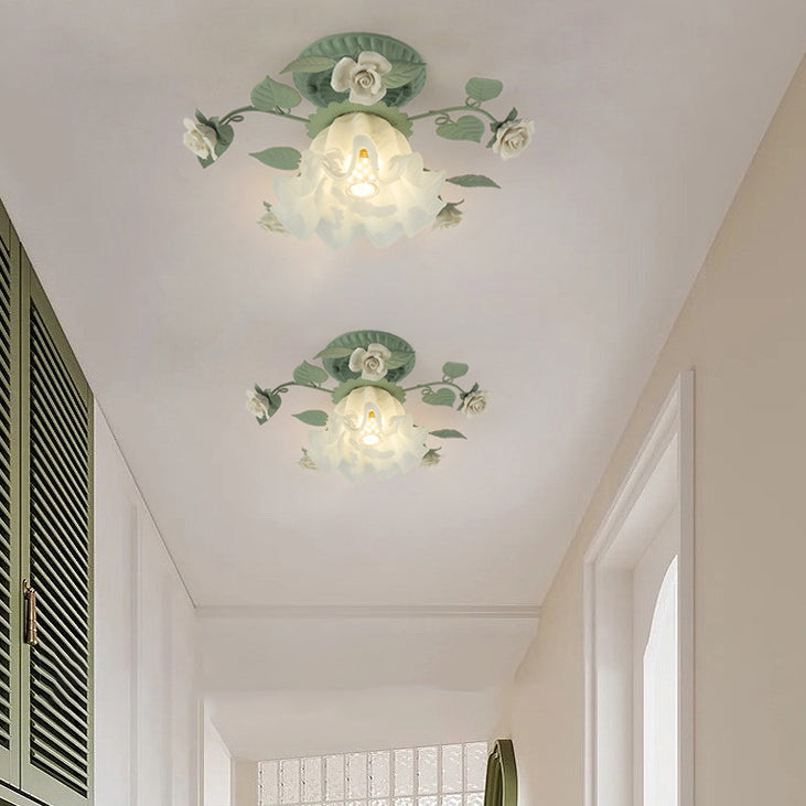 Lampada da soffitto semi-incassata a 1 luce con paralume in vetro ceramico a foglia di campanula francese tradizionale per soggiorno