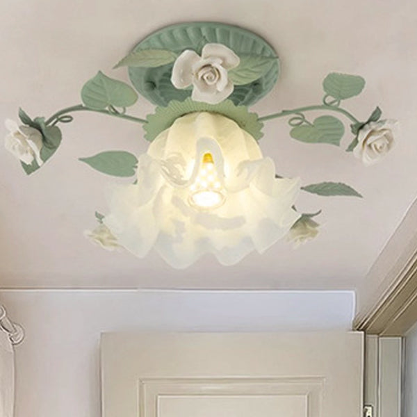 Lampada da soffitto semi-incassata a 1 luce con paralume in vetro ceramico a foglia di campanula francese tradizionale per soggiorno