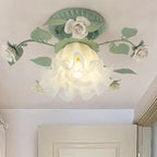 Lampada da soffitto semi-incassata a 1 luce con paralume in vetro ceramico a foglia di campanula francese tradizionale per soggiorno