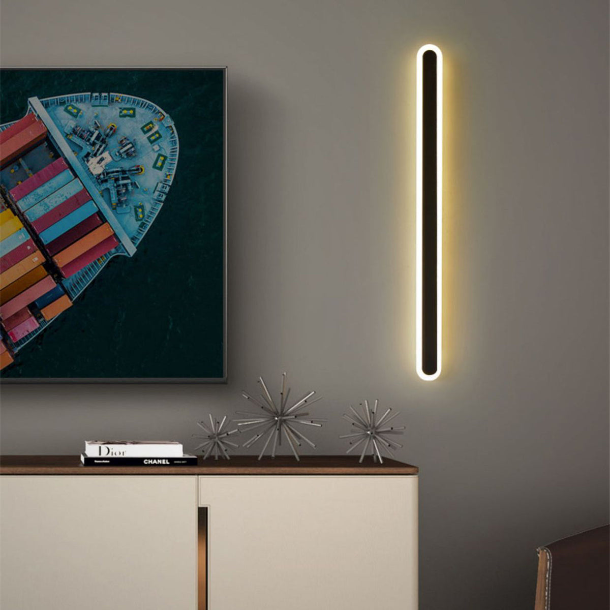 Lampada da parete LED in ferro e acrilico a linea lunga rettangolare minimalista moderna per soggiorno