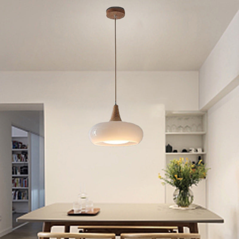 Lampadario Contemporaneo Nordico in Legno di Cachi con Vetro, 1 Luce per Sala da Pranzo