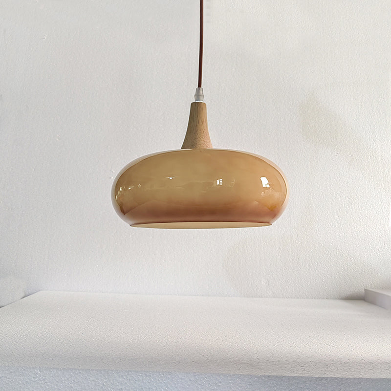 Lampadario Contemporaneo Nordico in Legno di Cachi con Vetro, 1 Luce per Sala da Pranzo