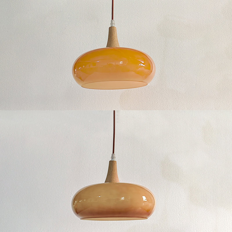 Lampadario Contemporaneo Nordico in Legno di Cachi con Vetro, 1 Luce per Sala da Pranzo
