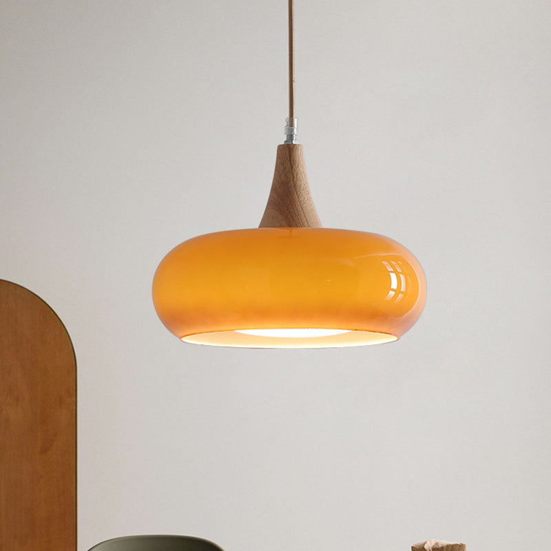 Lampadario Contemporaneo Nordico in Legno di Cachi con Vetro, 1 Luce per Sala da Pranzo