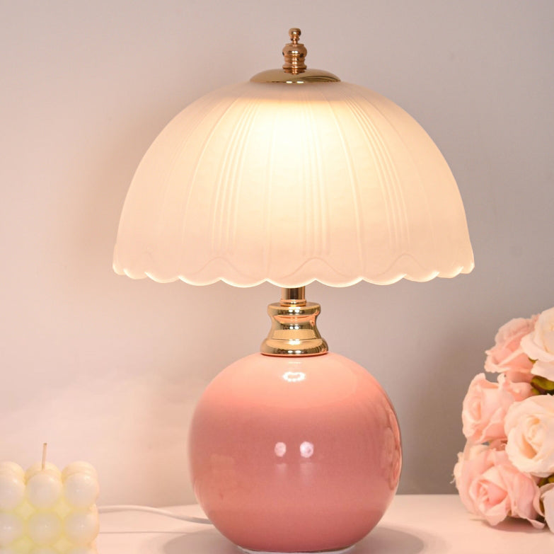 Lampada da Tavolo a 1 Luce con Base in Ceramica e Vetro a Forma di Globo Fiorito in Stile Nordico Contemporaneo per Camera da Letto