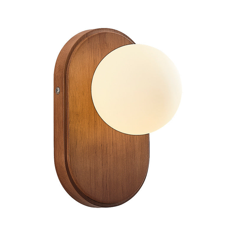 Applique da parete rotonda in legno giapponese tradizionale con vetro e 1 luce per camera da letto