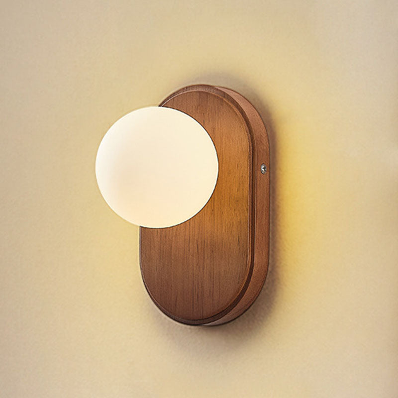 Applique da parete rotonda in legno giapponese tradizionale con vetro e 1 luce per camera da letto
