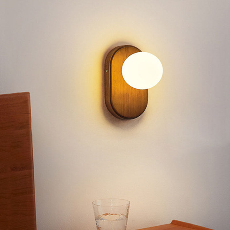 Applique da parete rotonda in legno giapponese tradizionale con vetro e 1 luce per camera da letto