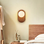Applique da parete rotonda in legno giapponese tradizionale con vetro e 1 luce per camera da letto
