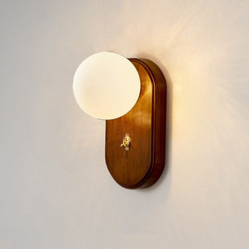 Applique da parete rotonda in legno giapponese tradizionale con vetro e 1 luce per camera da letto