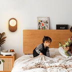 Applique da parete rotonda in legno giapponese tradizionale con vetro e 1 luce per camera da letto