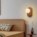 Applique da parete rotonda in legno giapponese tradizionale con vetro e 1 luce per camera da letto