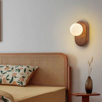Applique da parete rotonda in legno giapponese tradizionale con vetro e 1 luce per camera da letto