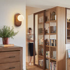 Applique da parete rotonda in legno giapponese tradizionale con vetro e 1 luce per camera da letto