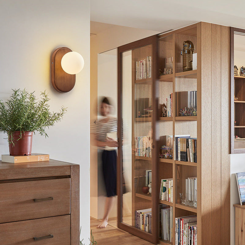 Applique da parete rotonda in legno giapponese tradizionale con vetro e 1 luce per camera da letto