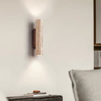 Applique da Parete Contemporanea Scandinava Cilindrica Rotonda in Travertino Giallo e Legno con 2 Luci per Soggiorno