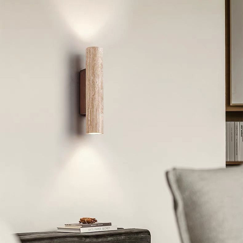 Applique da Parete Contemporanea Scandinava Cilindrica Rotonda in Travertino Giallo e Legno con 2 Luci per Soggiorno