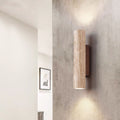 Applique da Parete Contemporanea Scandinava Cilindrica Rotonda in Travertino Giallo e Legno con 2 Luci per Soggiorno
