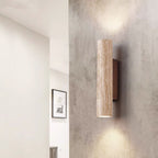 Applique da Parete Contemporanea Scandinava Cilindrica Rotonda in Travertino Giallo e Legno con 2 Luci per Soggiorno