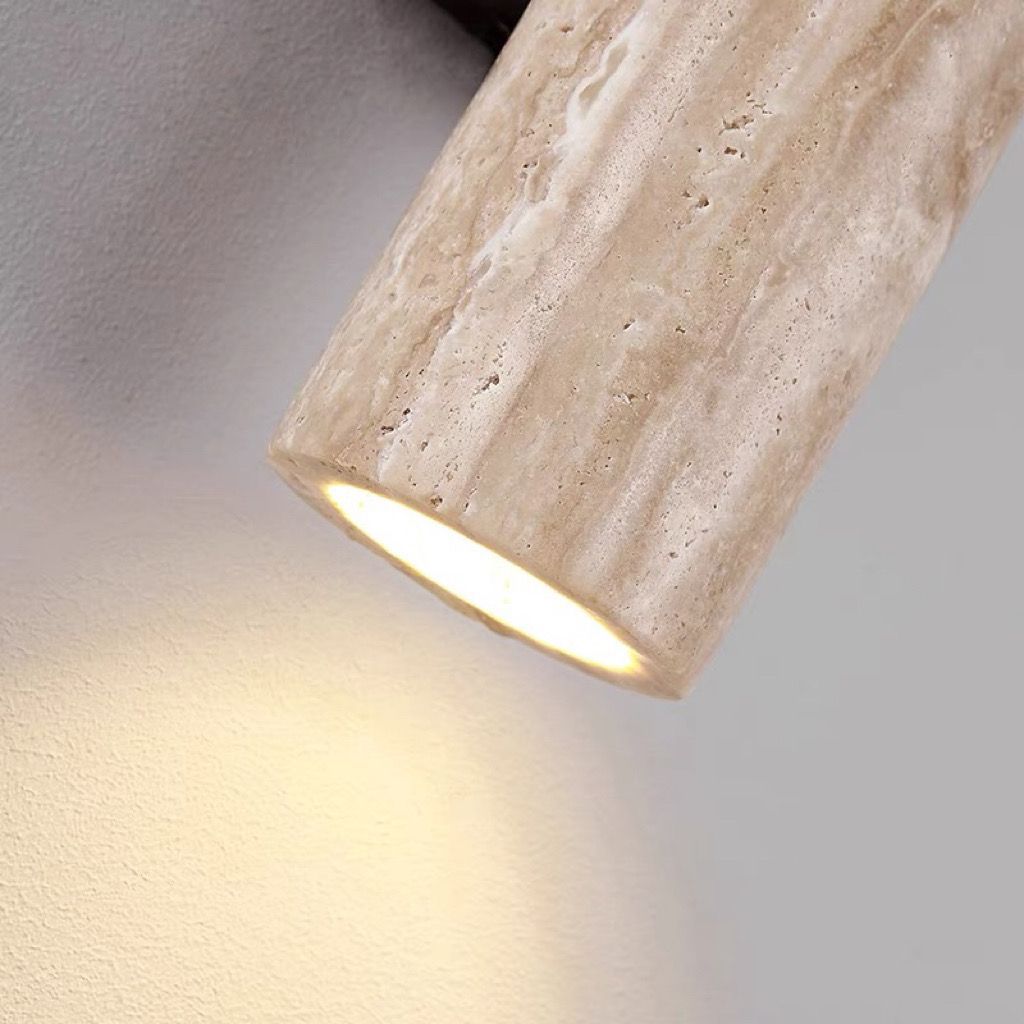 Applique da Parete Contemporanea Scandinava Cilindrica Rotonda in Travertino Giallo e Legno con 2 Luci per Soggiorno